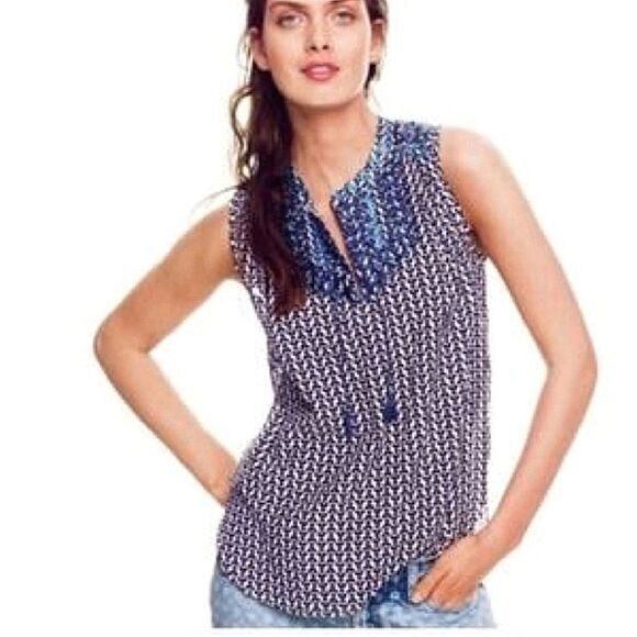J. Crew Tops - J Crew Embroidered Pri Ted Cotton Tank Top with Tie Tassel Size 00